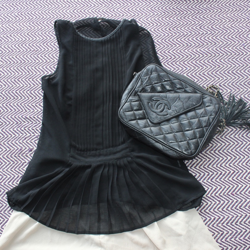 Zara Pleated Sheer Tank with Leather Piping